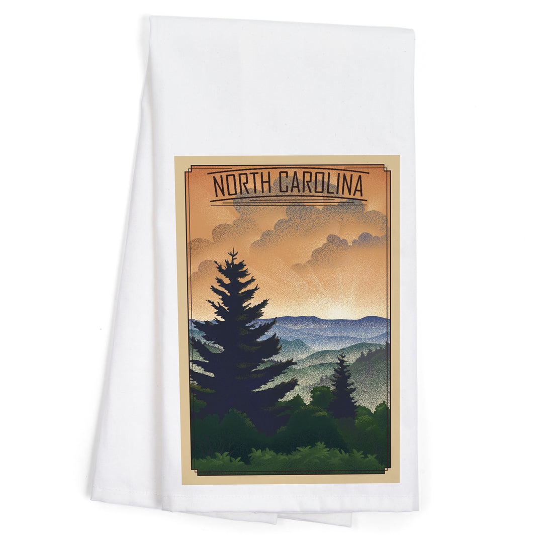 North Carolina Mountains Lithograph, Organic Cotton Kitchen Tea Towels