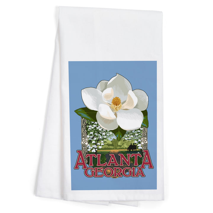 Atlanta, Georgia, Single White Magnolia, Contour, Organic Cotton Kitchen Tea Towels