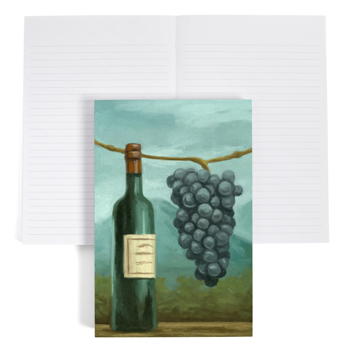 Lined 6x9 Journal, Blue Grapes and Wine Bottle, Oil Painting, Lay Flat, 193 Pages, FSC paper