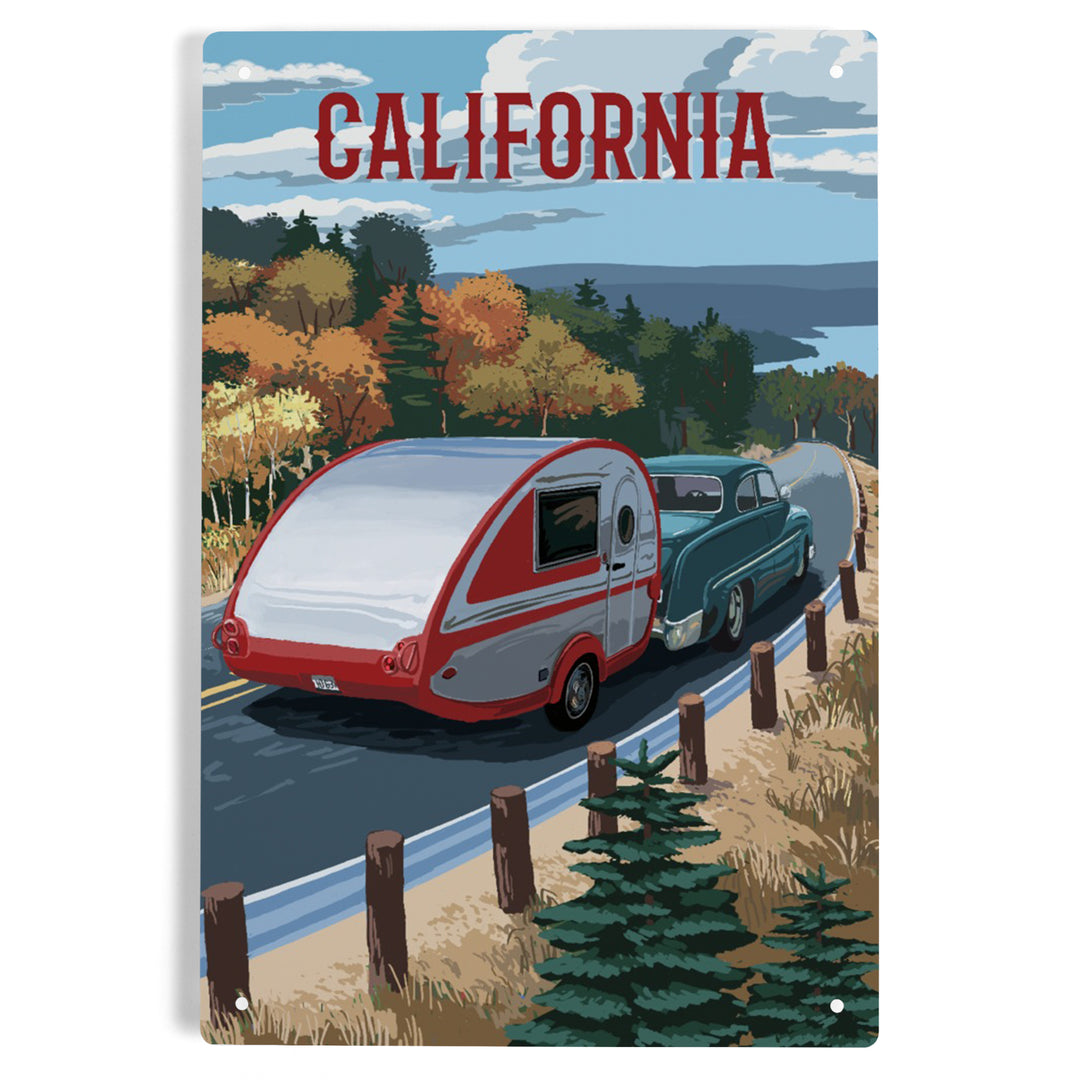 California, Painterly, Retro Camper on Road, Metal Signs