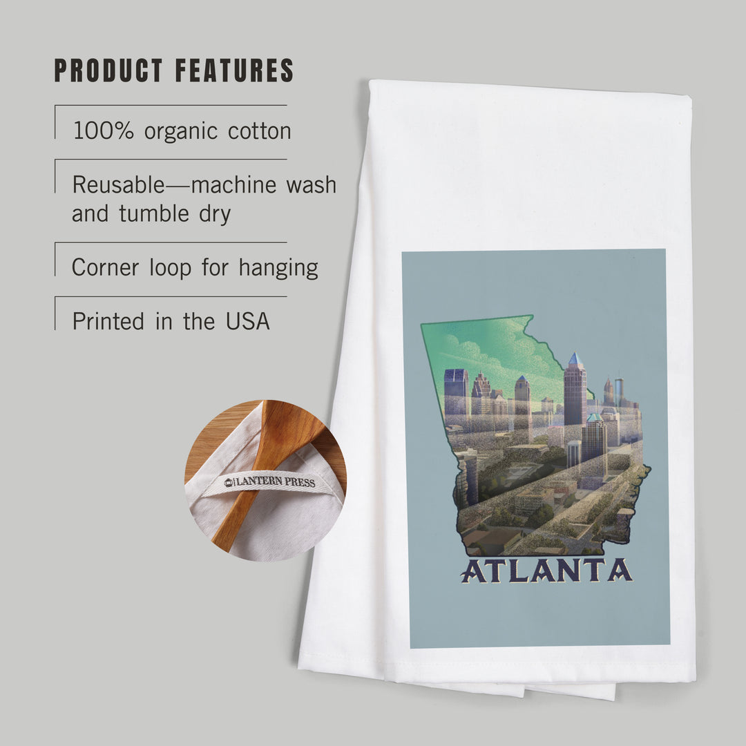 Atlanta, Georgia, Skyline, Lithograph, Contour, Organic Cotton Kitchen Tea Towels