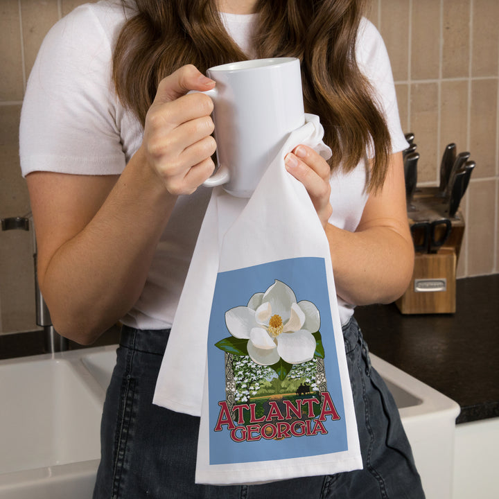 Atlanta, Georgia, Single White Magnolia, Contour, Organic Cotton Kitchen Tea Towels