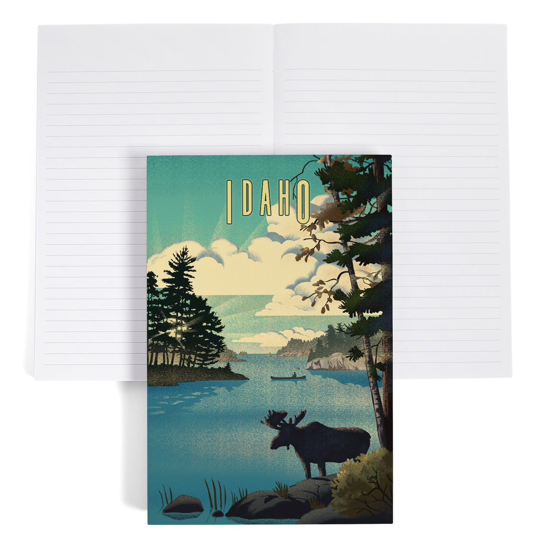 Lined 6x9 Journal, Idaho, Moose and Lake Lithograph, Lay Flat, 193 Pages, FSC paper