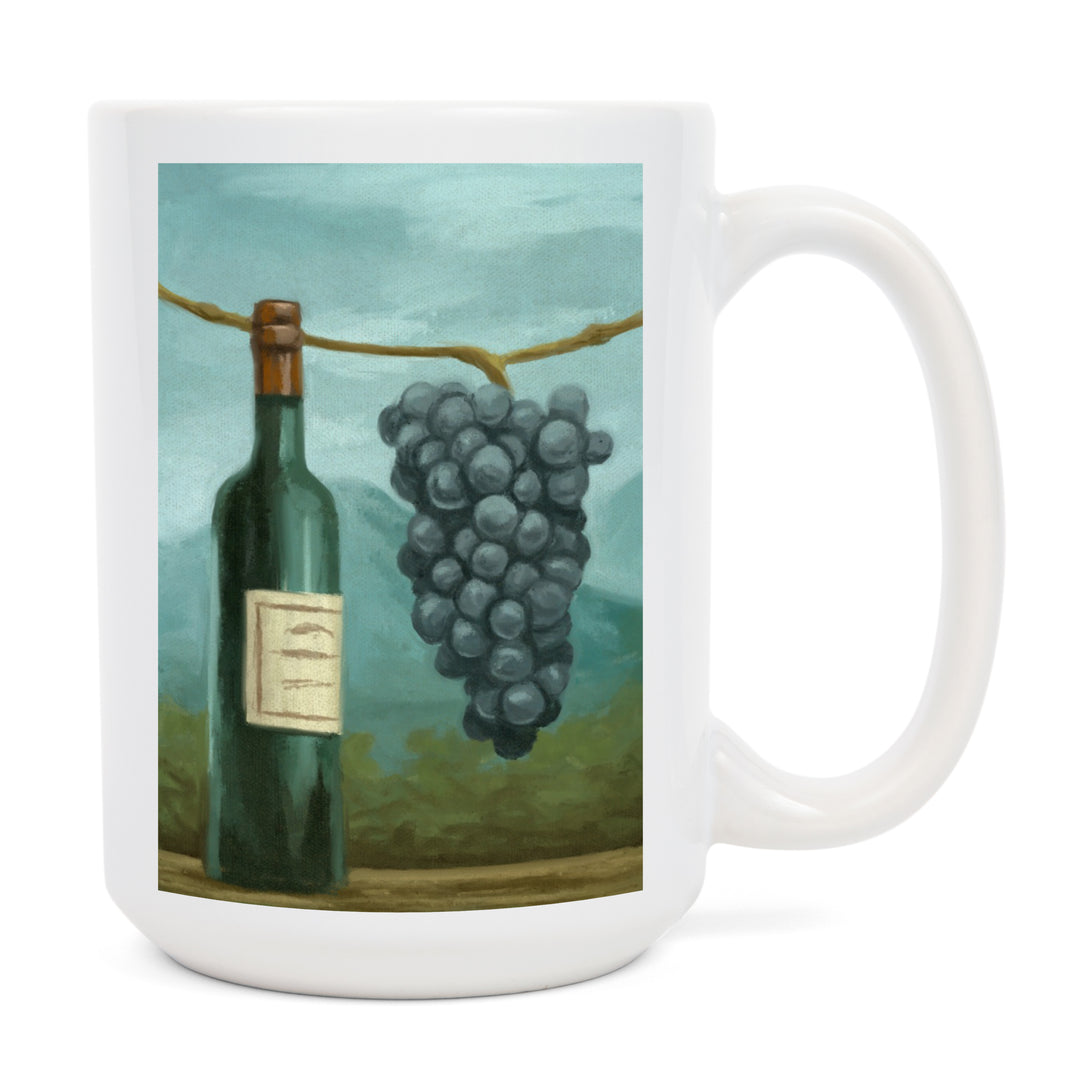 Blue Grapes and Wine Bottle, Oil Painting, Ceramic Mug