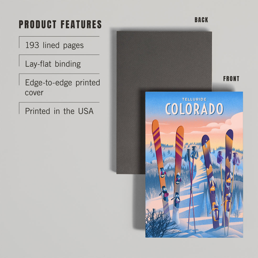 Lined 6x9 Journal, Telluride, Colorado, Prepare for Takeoff, Skis In Snowbank, Lay Flat, 193 Pages, FSC paper
