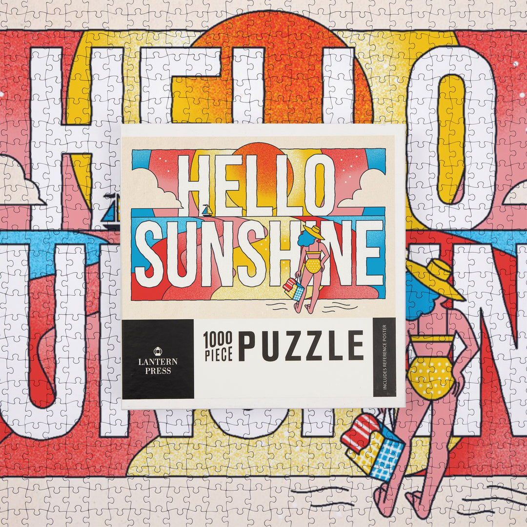 70s Sunshine Collection, Hello Sunshine, Girl on Beach, Jigsaw Puzzle Puzzle Lantern Press