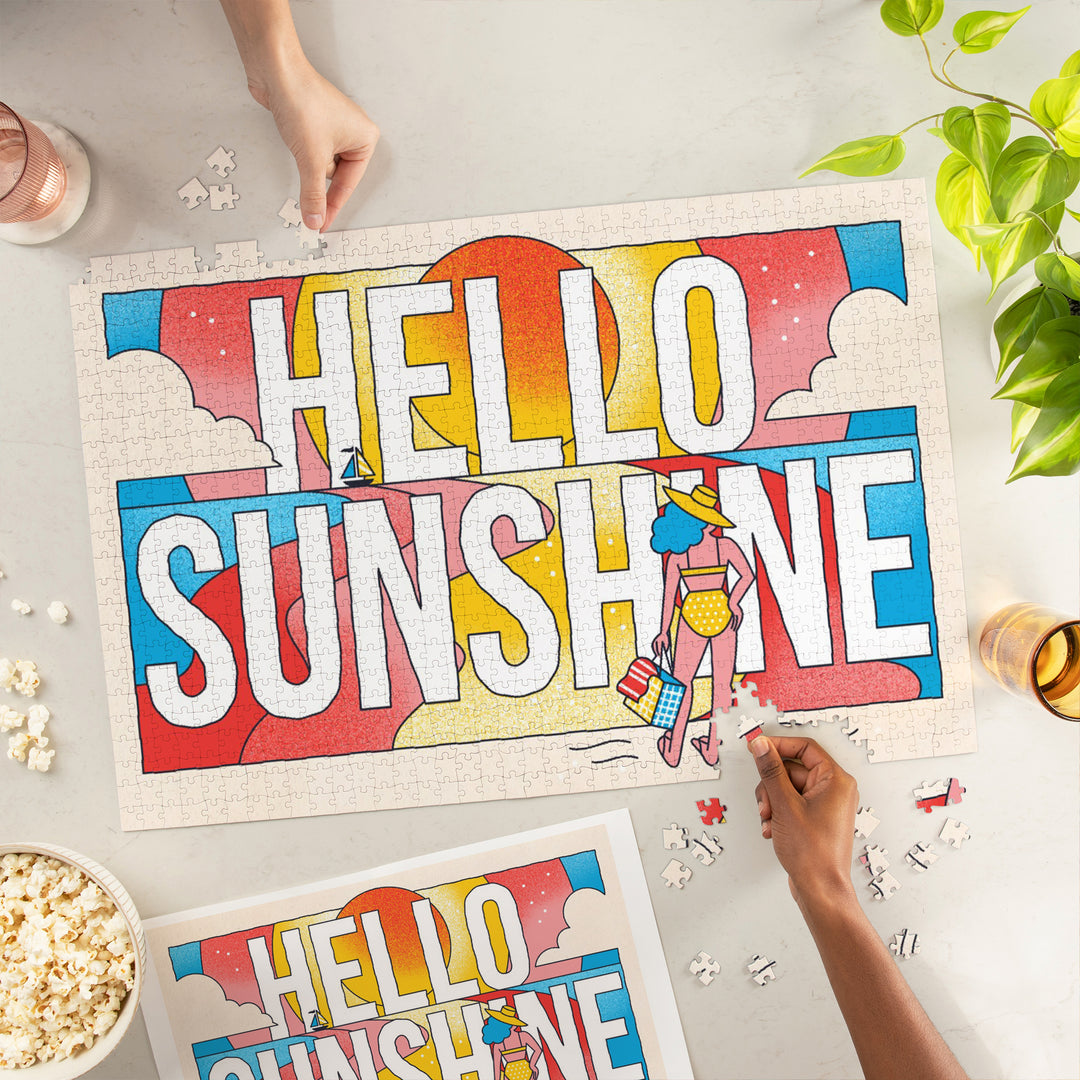 70s Sunshine Collection, Hello Sunshine, Girl on Beach, Jigsaw Puzzle Puzzle Lantern Press