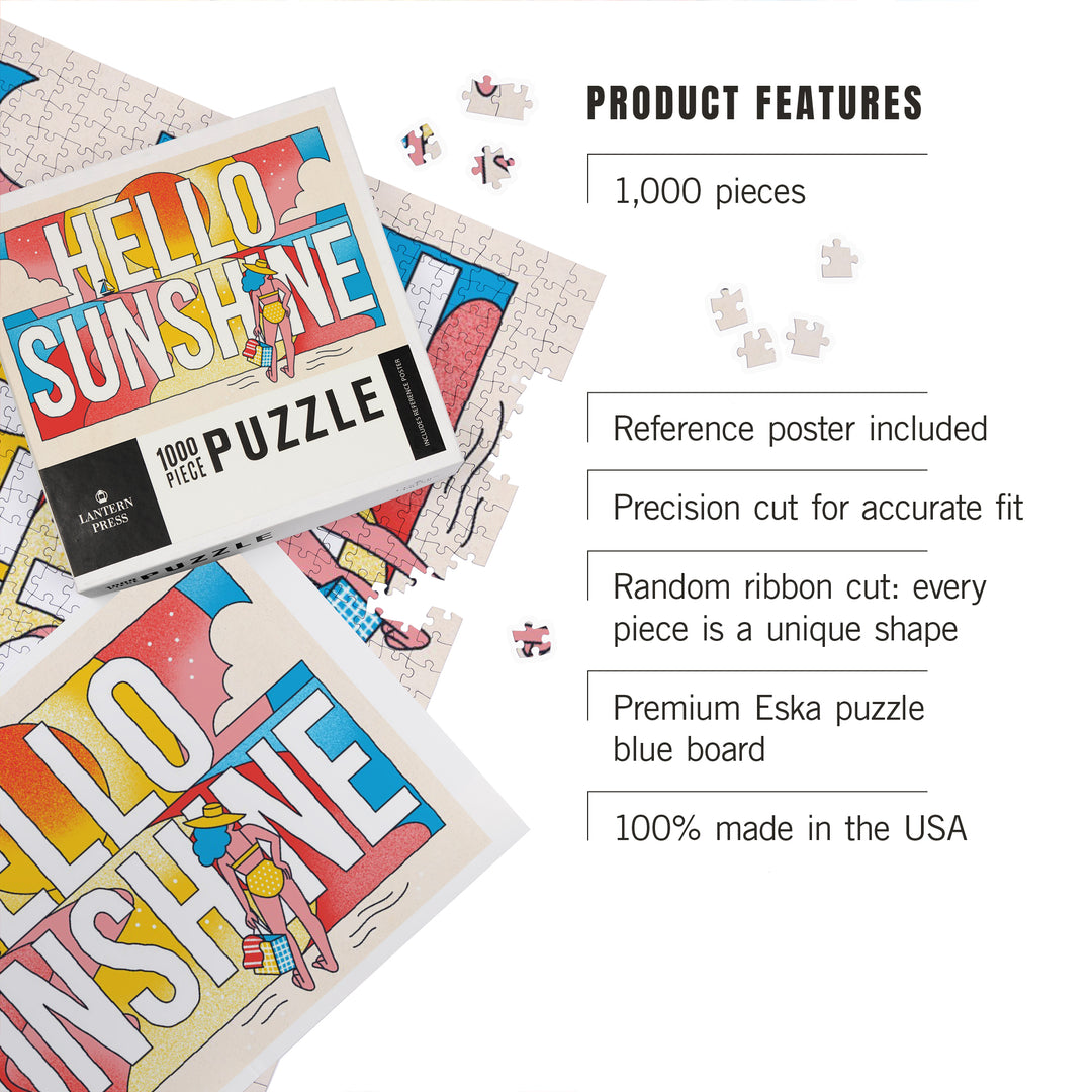 70s Sunshine Collection, Hello Sunshine, Girl on Beach, Jigsaw Puzzle Puzzle Lantern Press