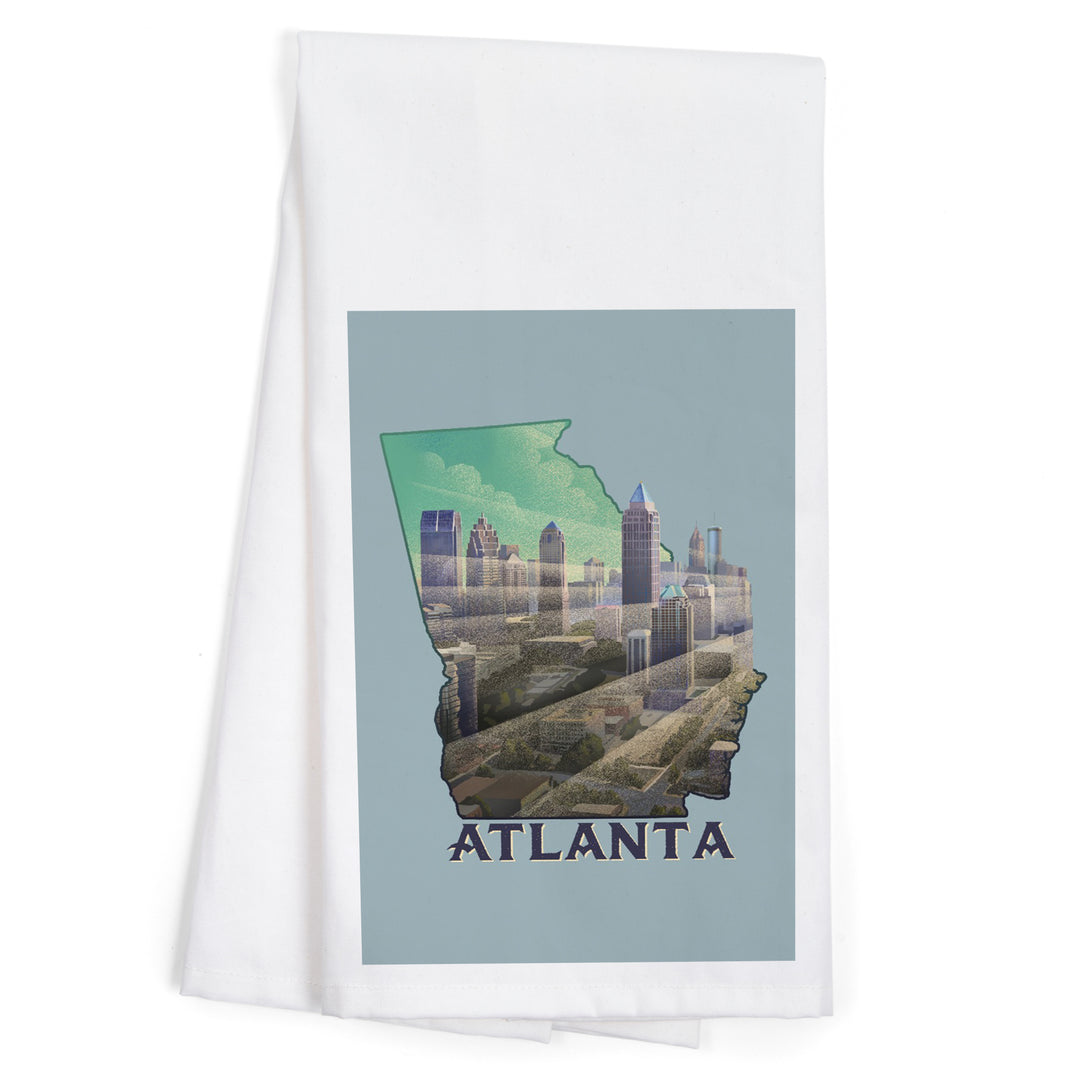 Atlanta, Georgia, Skyline, Lithograph, Contour, Organic Cotton Kitchen Tea Towels