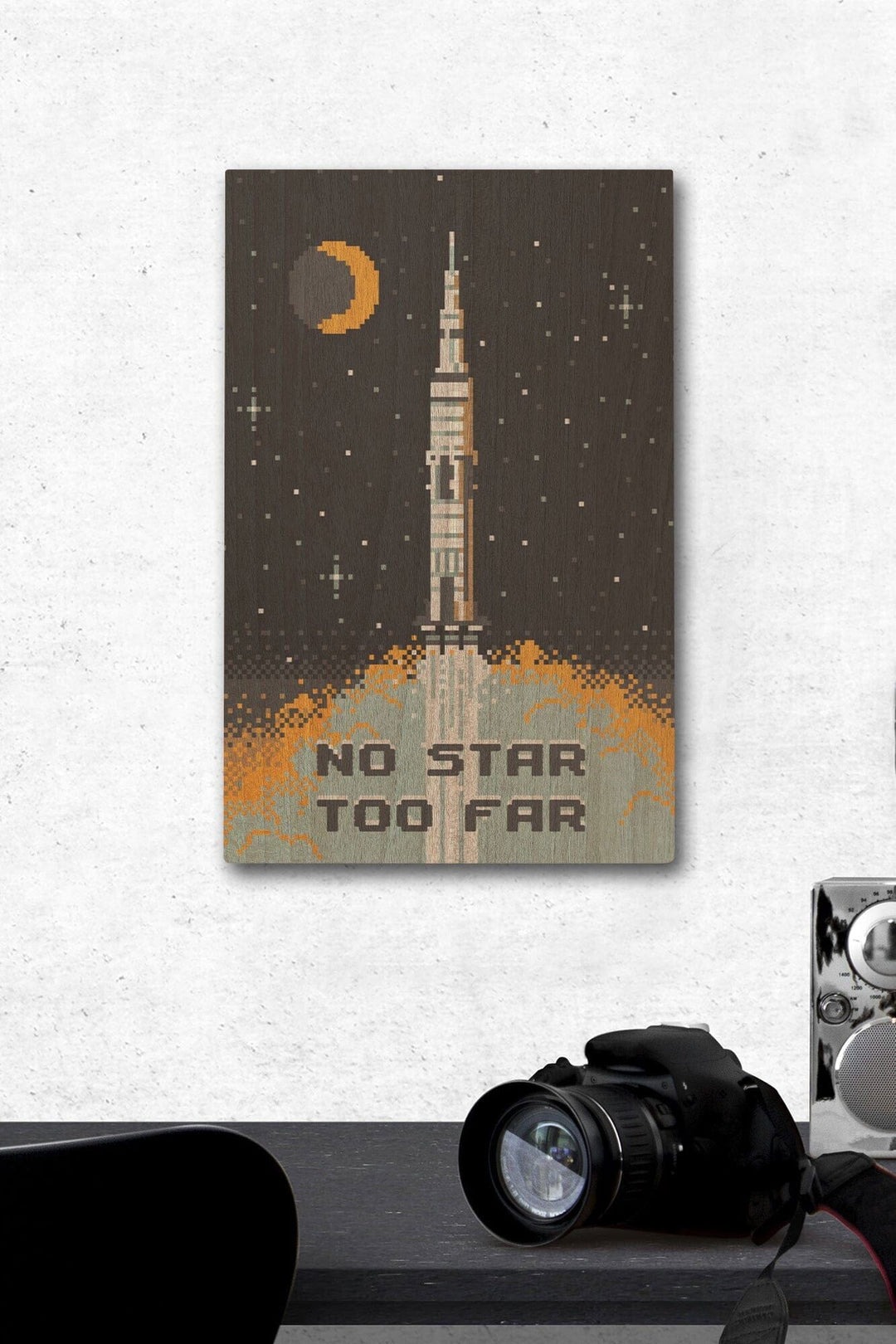 8-Bit Space Collection, Rocket, No Star Too Far, Wood Signs and Postcards Wood Lantern Press 12 x 18 Wood Gallery Print