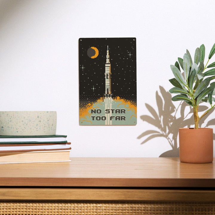 8-Bit Space Collection, Rocket, No Star Too Far, Wood Signs and Postcards Wood Lantern Press