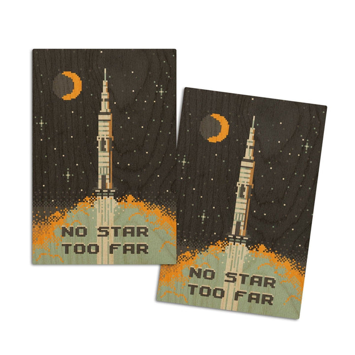 8-Bit Space Collection, Rocket, No Star Too Far, Wood Signs and Postcards Wood Lantern Press 4x6 Wood Postcard Set