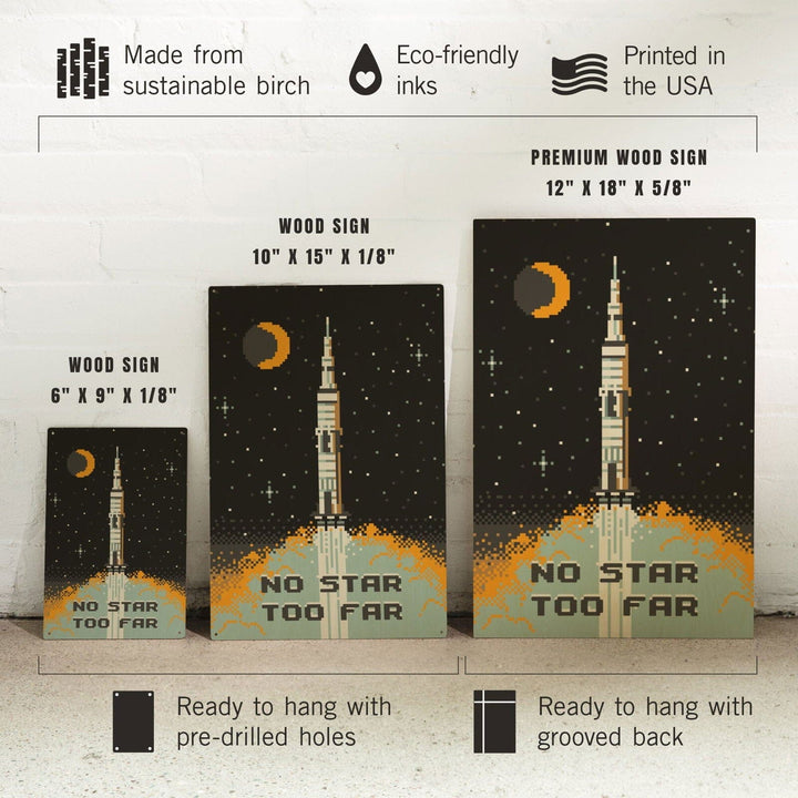 8-Bit Space Collection, Rocket, No Star Too Far, Wood Signs and Postcards Wood Lantern Press