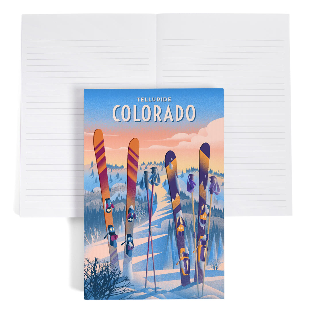Lined 6x9 Journal, Telluride, Colorado, Prepare for Takeoff, Skis In Snowbank, Lay Flat, 193 Pages, FSC paper