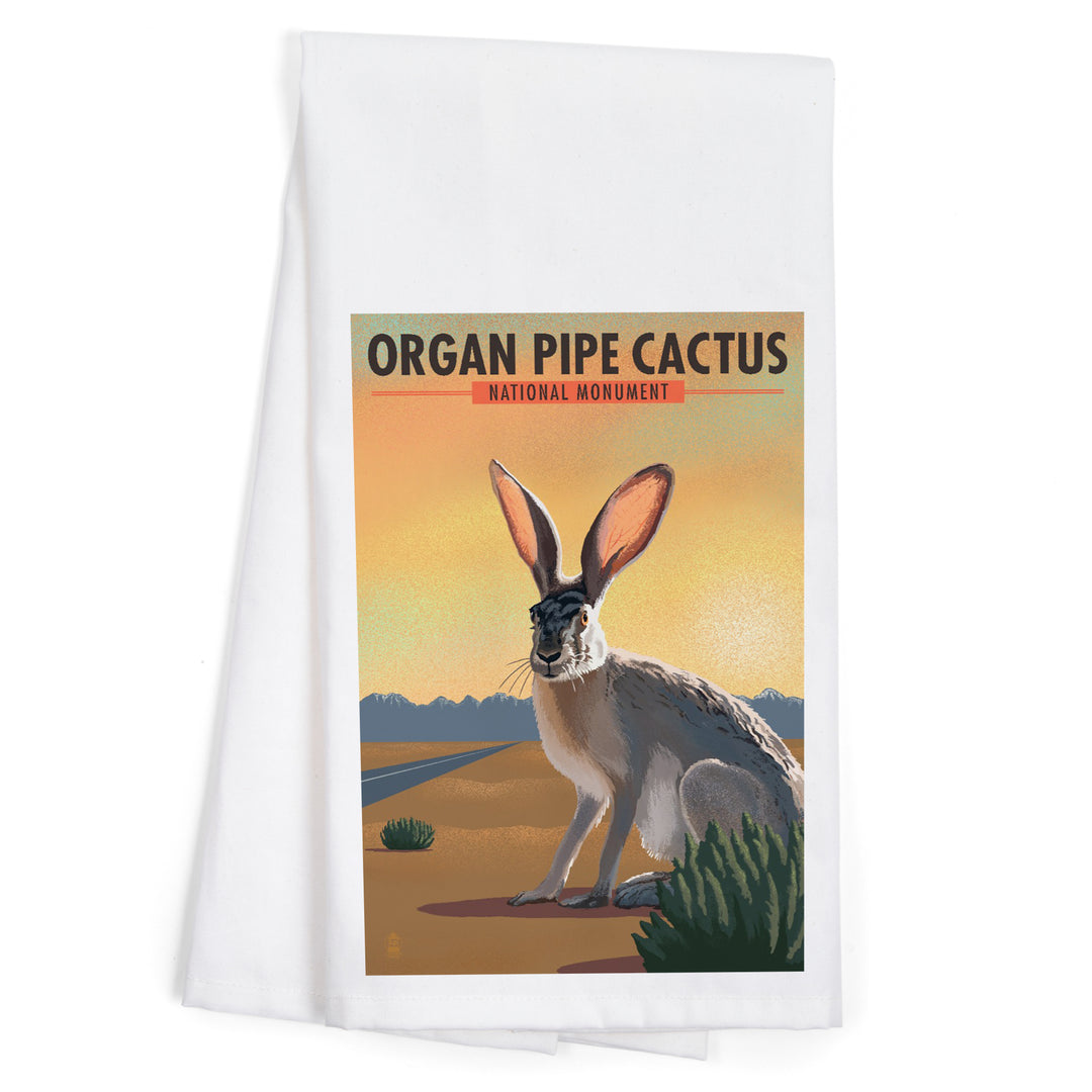 Organ Pipe Cactus National Monument, Arizona, Jackrabbit, Lithograph, Organic Cotton Kitchen Tea Towels