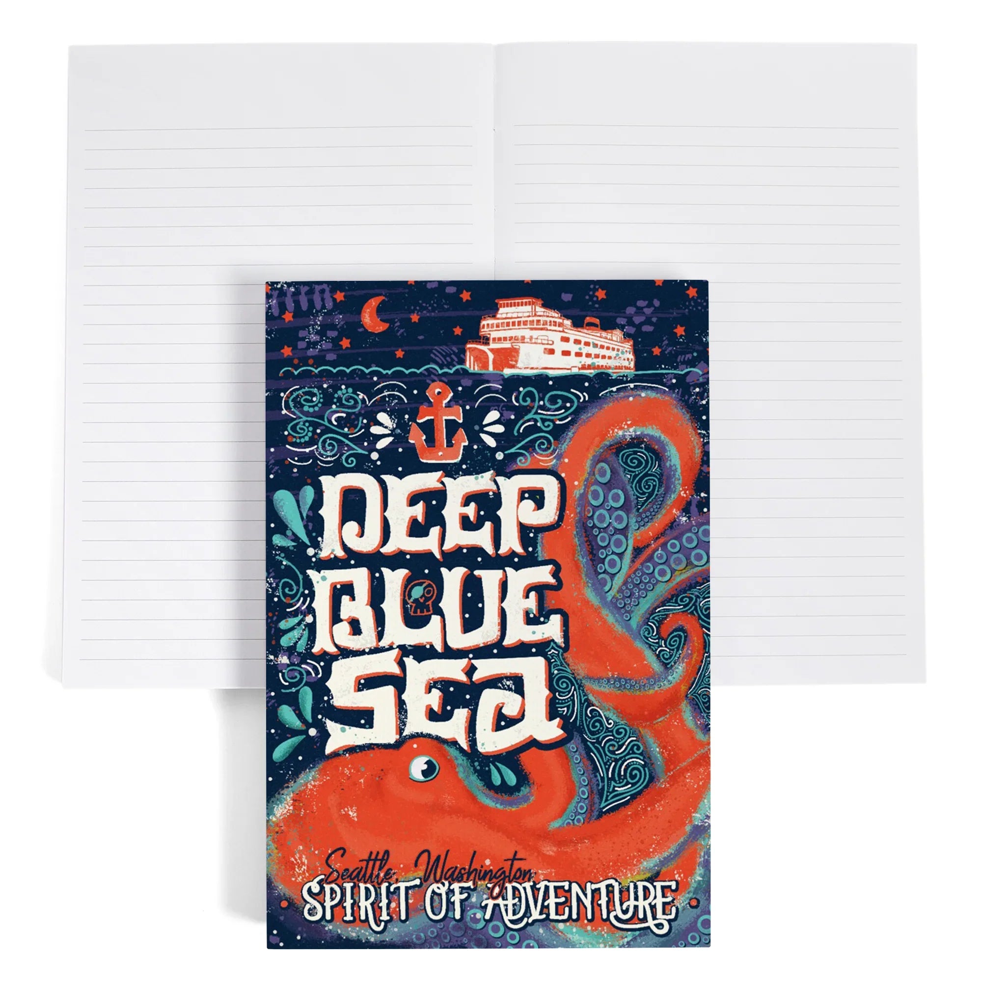 Lined 6x9 Journal, Seattle, Washington, Giant Octopus, Deep Blue
