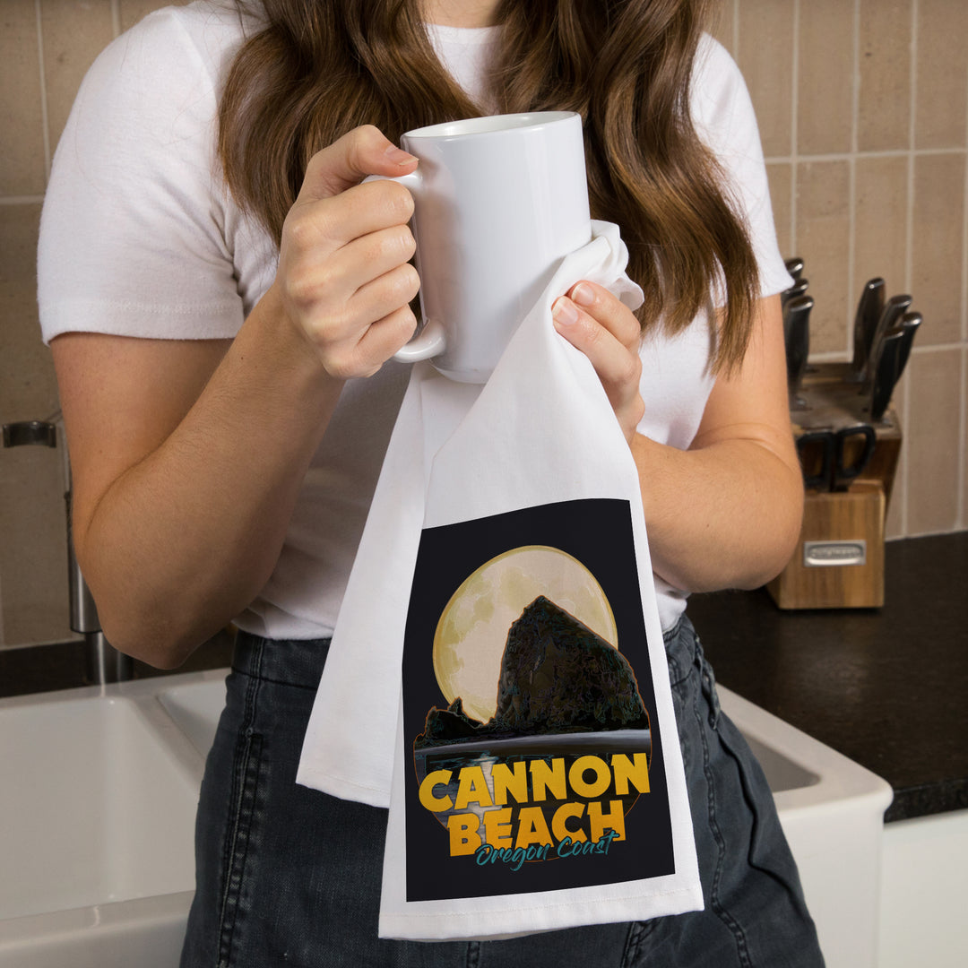 Cannon Beach, Oregon, Haystack Rock and Full Moon, Contour, Organic Cotton Kitchen Tea Towels