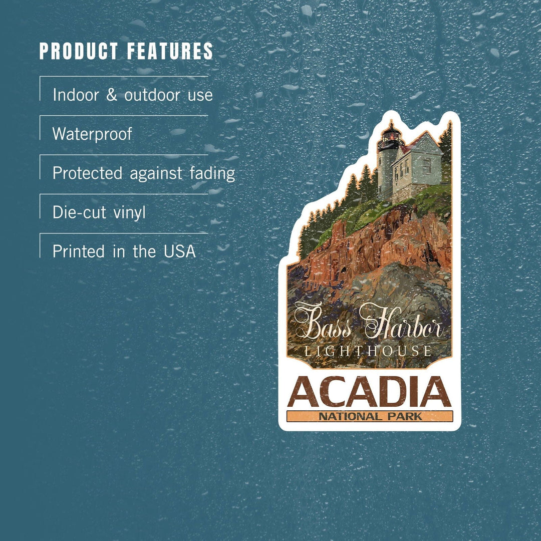 Acadia National Park, Maine, Bass Harbor Lighthouse, Contour, Vinyl Sticker Sticker Lantern Press