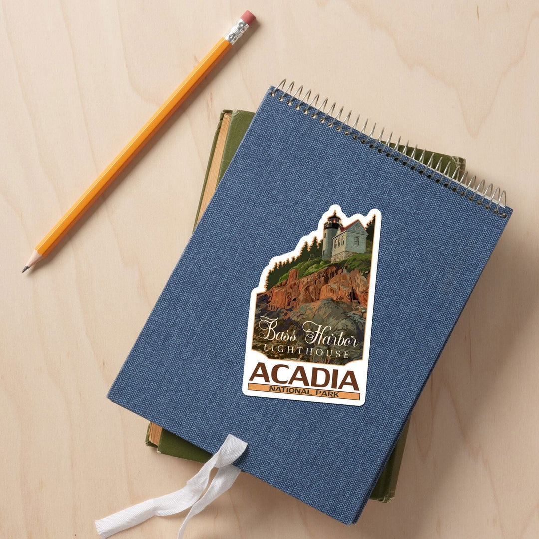 Acadia National Park, Maine, Bass Harbor Lighthouse, Contour, Vinyl Sticker Sticker Lantern Press