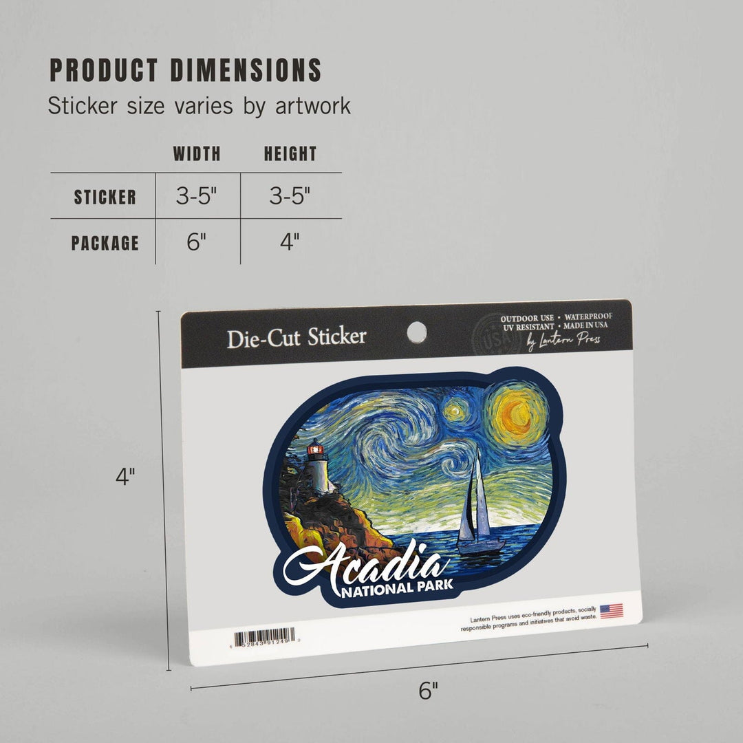 Acadia National Park, Maine, Bass Harbor Lighthouse, Starry Night, Contour, Vinyl Sticker Sticker Lantern Press