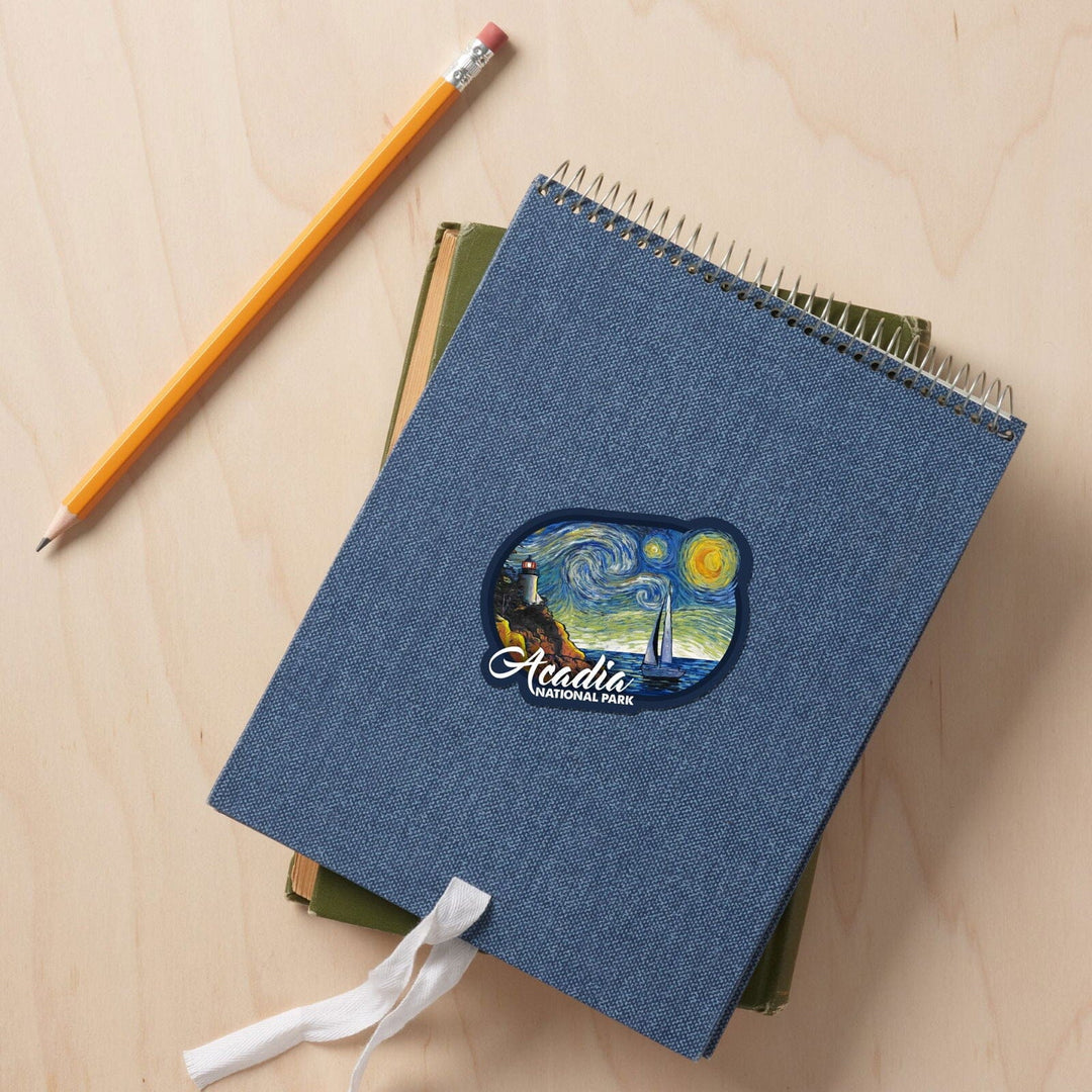 Acadia National Park, Maine, Bass Harbor Lighthouse, Starry Night, Contour, Vinyl Sticker Sticker Lantern Press