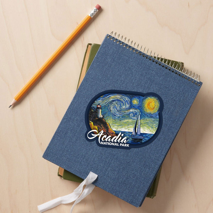 Acadia National Park, Maine, Bass Harbor Lighthouse, Starry Night, Contour, Vinyl Sticker Sticker Lantern Press