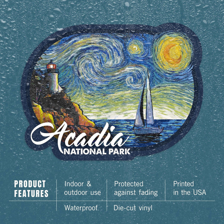 Acadia National Park, Maine, Bass Harbor Lighthouse, Starry Night, Contour, Vinyl Sticker Sticker Lantern Press