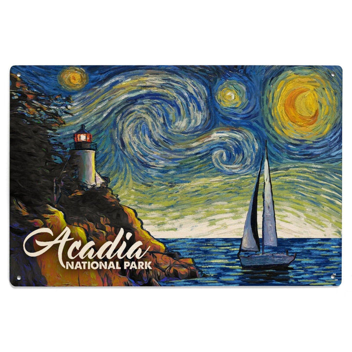 Acadia National Park, Maine, Bass Harbor Lighthouse, Starry Night National Park Series, Lantern Press Artwork, Wood Signs and Postcards Wood Lantern Press
