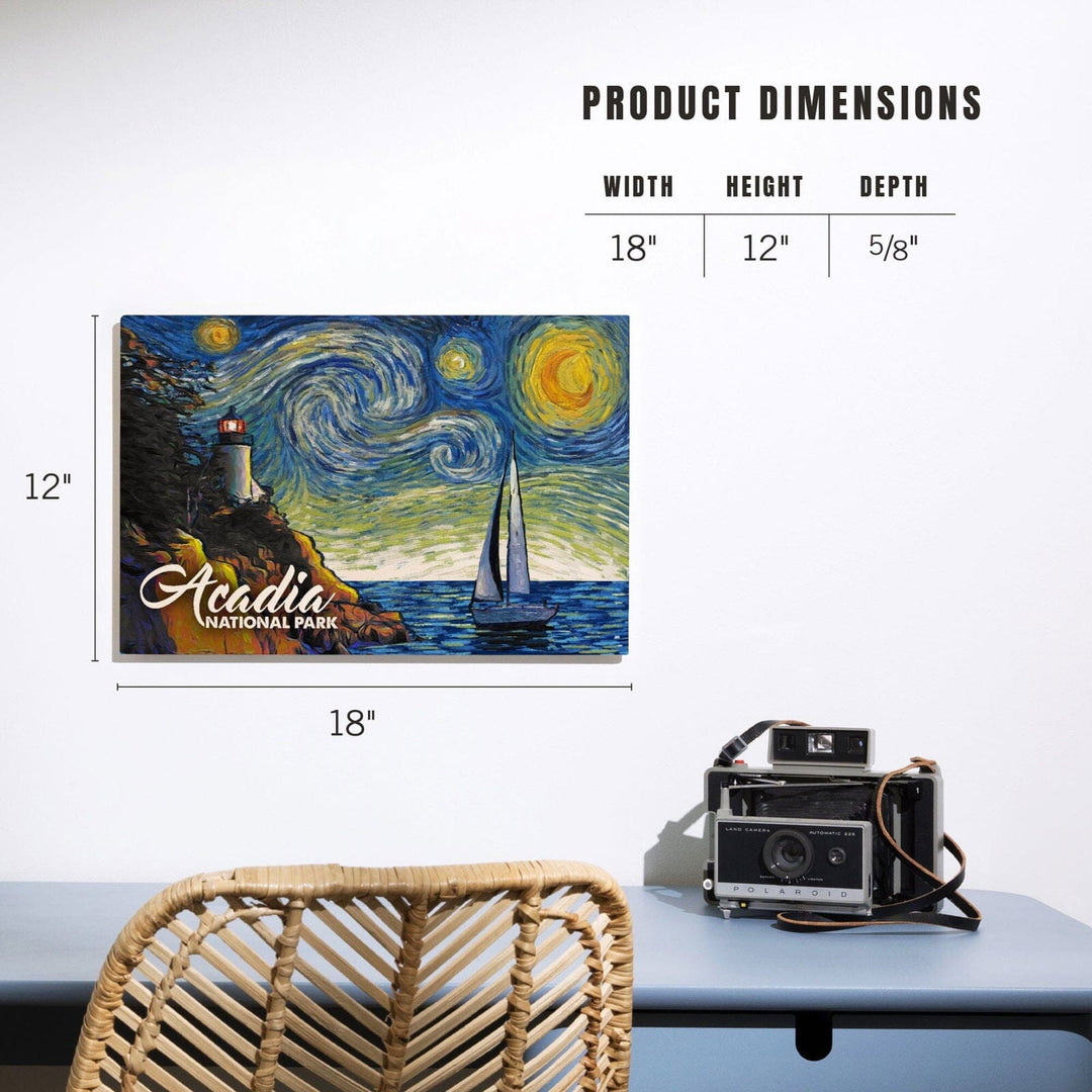 Acadia National Park, Maine, Bass Harbor Lighthouse, Starry Night National Park Series, Lantern Press Artwork, Wood Signs and Postcards Wood Lantern Press