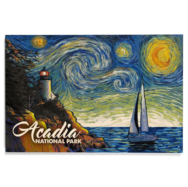 Acadia National Park, Maine, Bass Harbor Lighthouse, Starry Night National Park Series, Lantern Press Artwork, Wood Signs and Postcards Wood Lantern Press