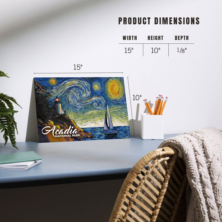 Acadia National Park, Maine, Bass Harbor Lighthouse, Starry Night National Park Series, Lantern Press Artwork, Wood Signs and Postcards Wood Lantern Press