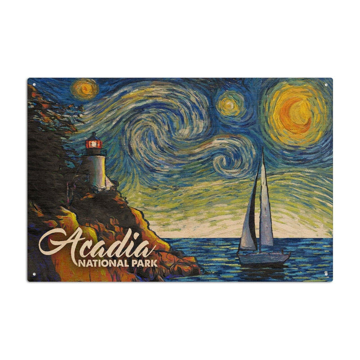 Acadia National Park, Maine, Bass Harbor Lighthouse, Starry Night National Park Series, Lantern Press Artwork, Wood Signs and Postcards Wood Lantern Press 6x9 Wood Sign
