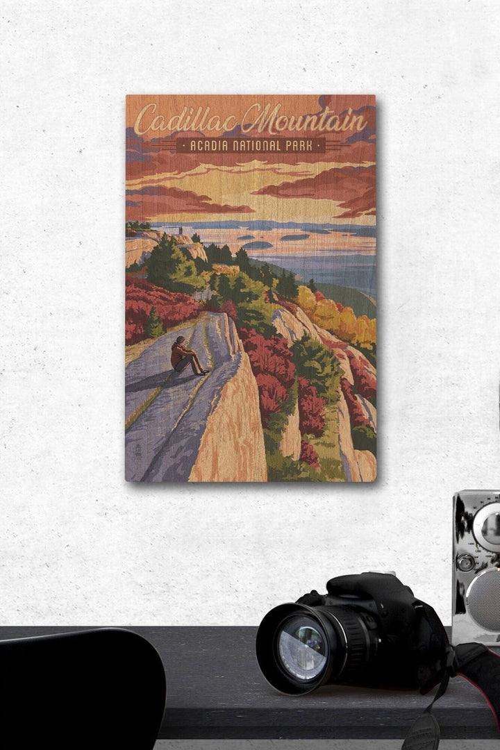 Acadia National Park, Maine, Cadillac Mountain Illustration, Lantern Press Artwork, Wood Signs and Postcards Wood Lantern Press 12 x 18 Wood Gallery Print