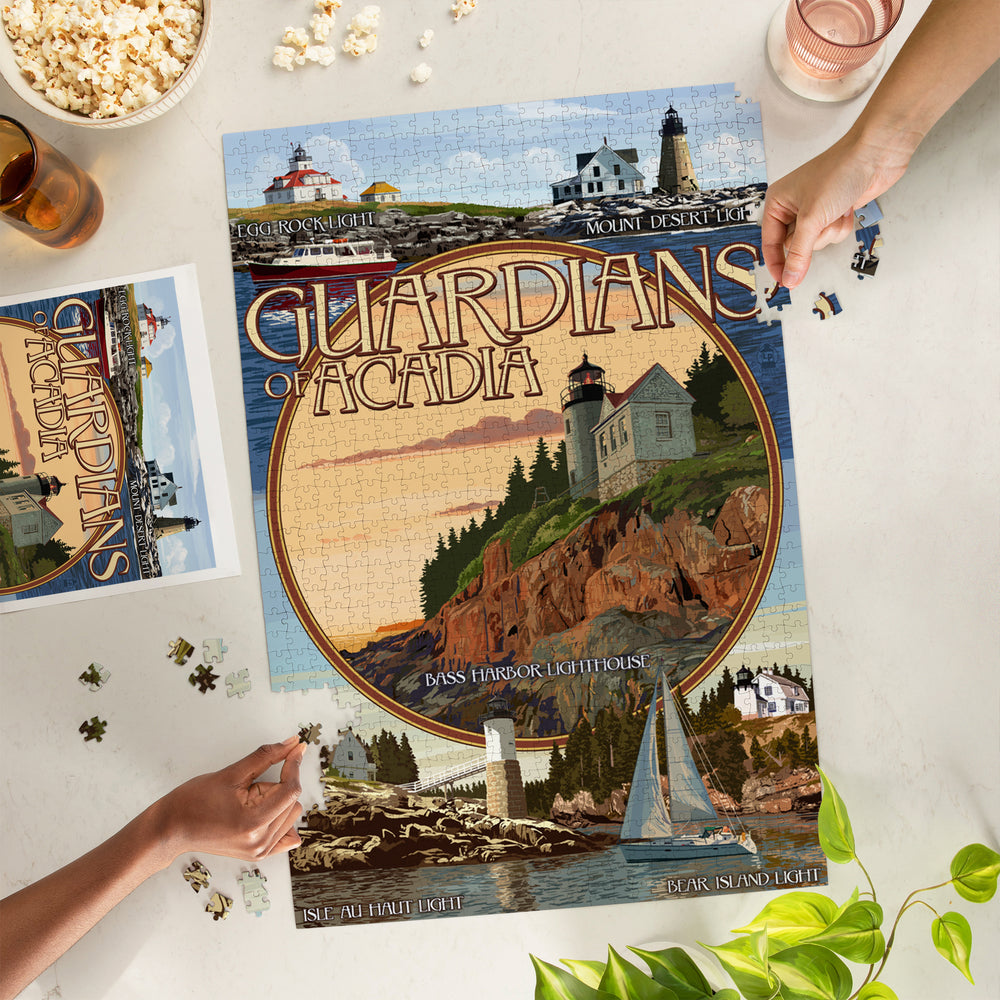 Acadia National Park, Maine, Guardians of Acadia Lighthouses, Jigsaw Puzzle Puzzle Lantern Press