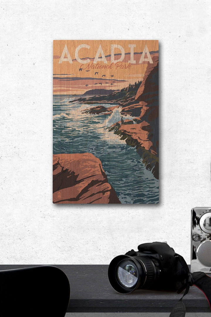 Acadia National Park, Maine, Mount Desert Island Illustration, Lantern Press Artwork, Wood Signs and Postcards Wood Lantern Press 12 x 18 Wood Gallery Print