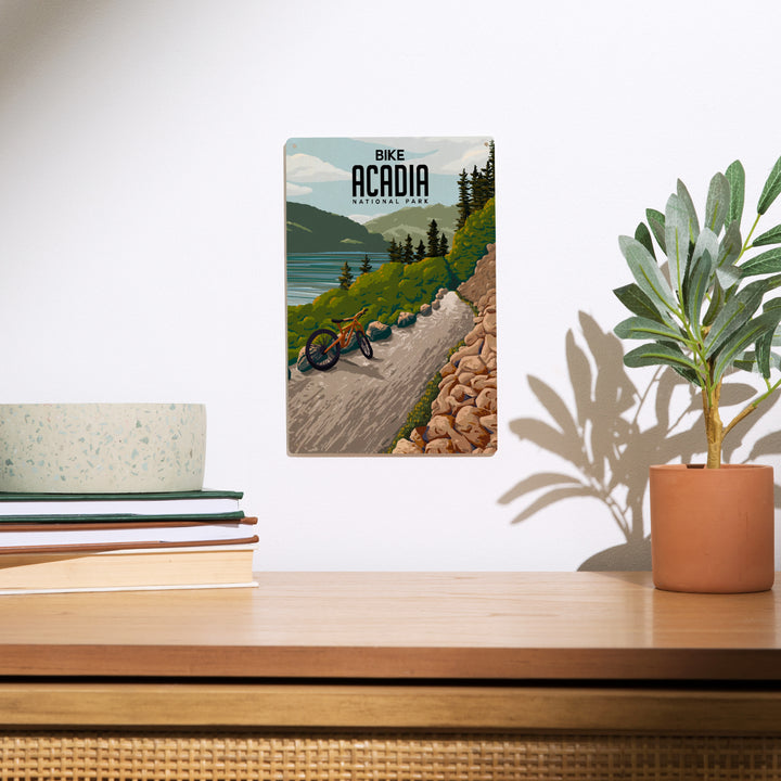 Acadia National Park, Maine, Painterly, Biking River Path, Wood Signs and Postcards Wood Lantern Press