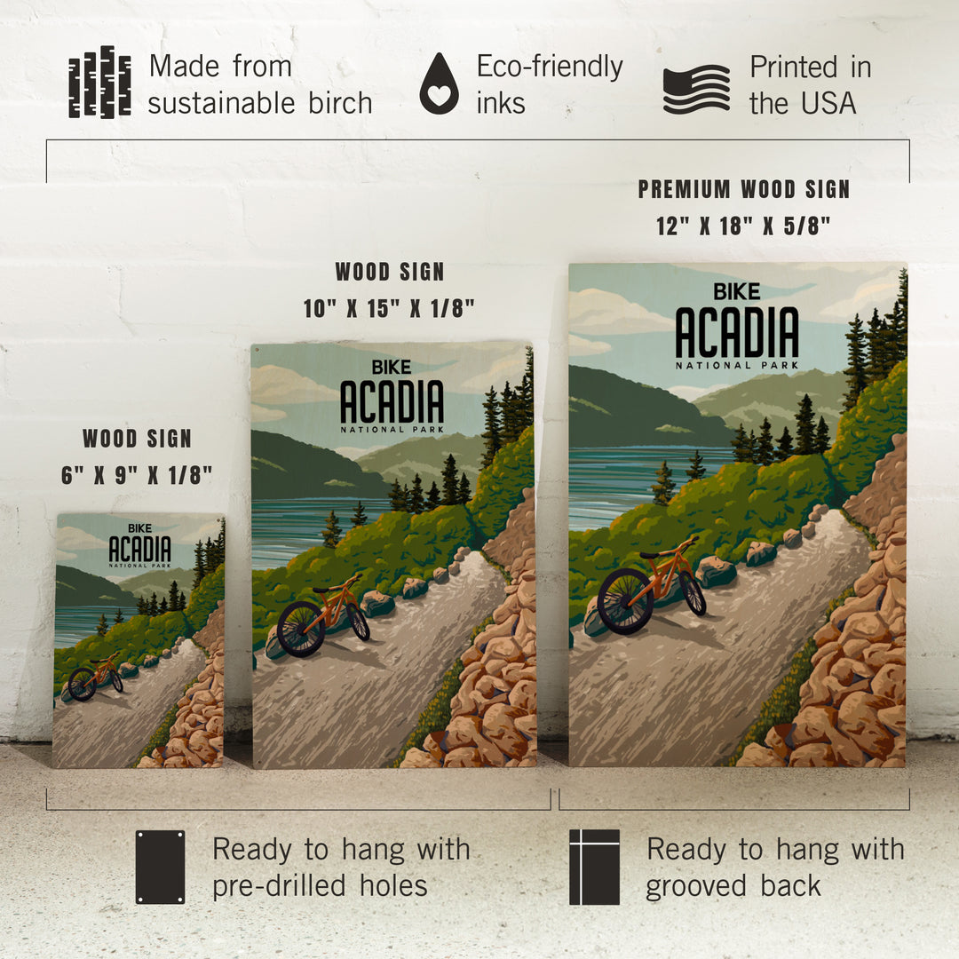 Acadia National Park, Maine, Painterly, Biking River Path, Wood Signs and Postcards Wood Lantern Press