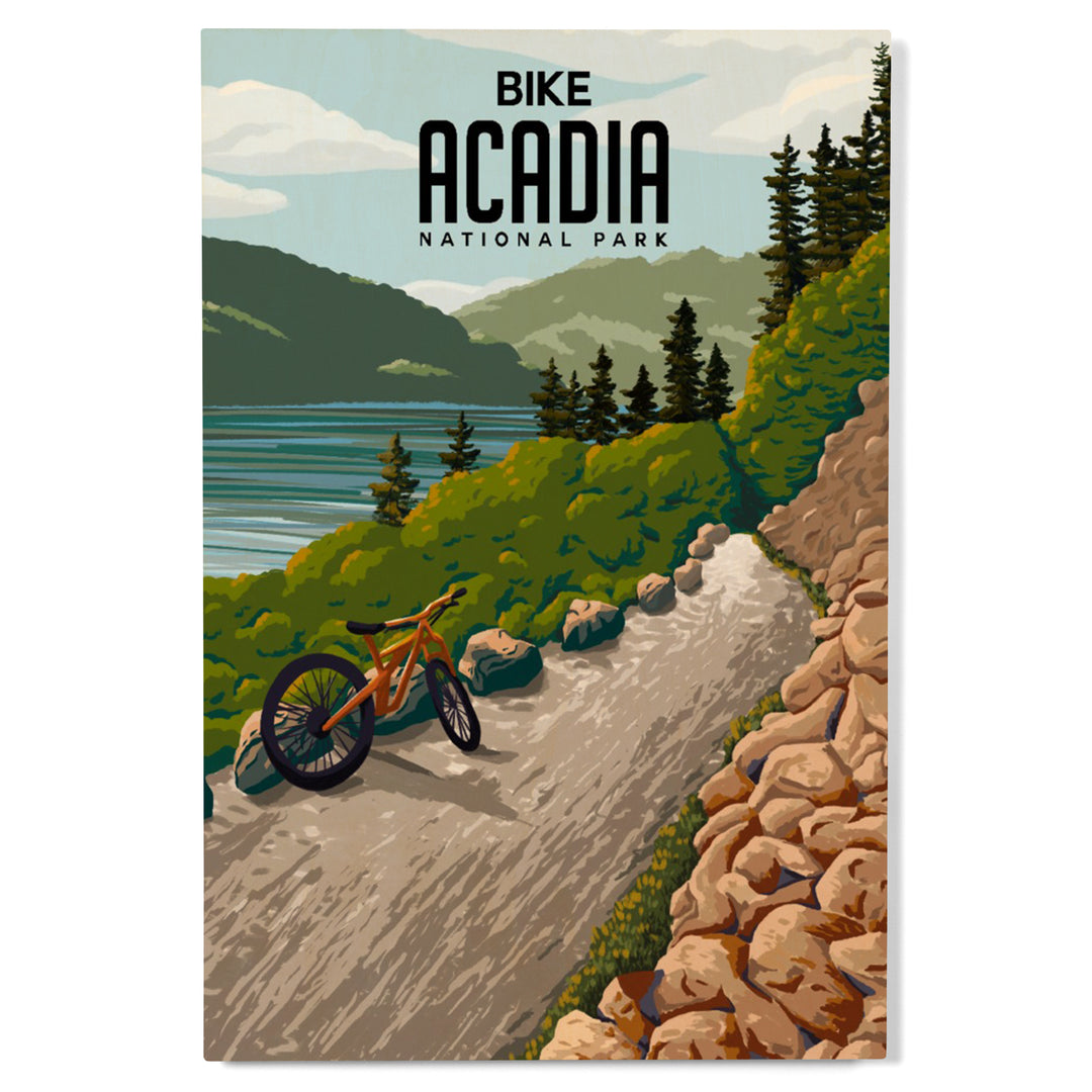 Acadia National Park, Maine, Painterly, Biking River Path, Wood Signs and Postcards Wood Lantern Press