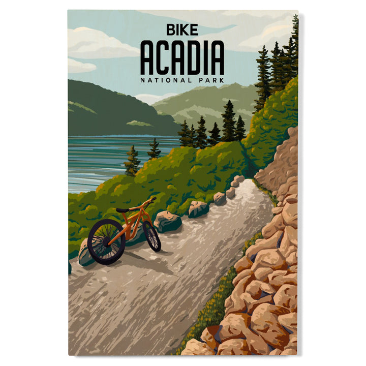 Acadia National Park, Maine, Painterly, Biking River Path, Wood Signs and Postcards Wood Lantern Press