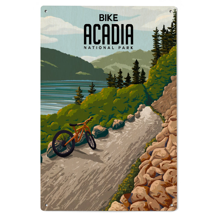 Acadia National Park, Maine, Painterly, Biking River Path, Wood Signs and Postcards Wood Lantern Press