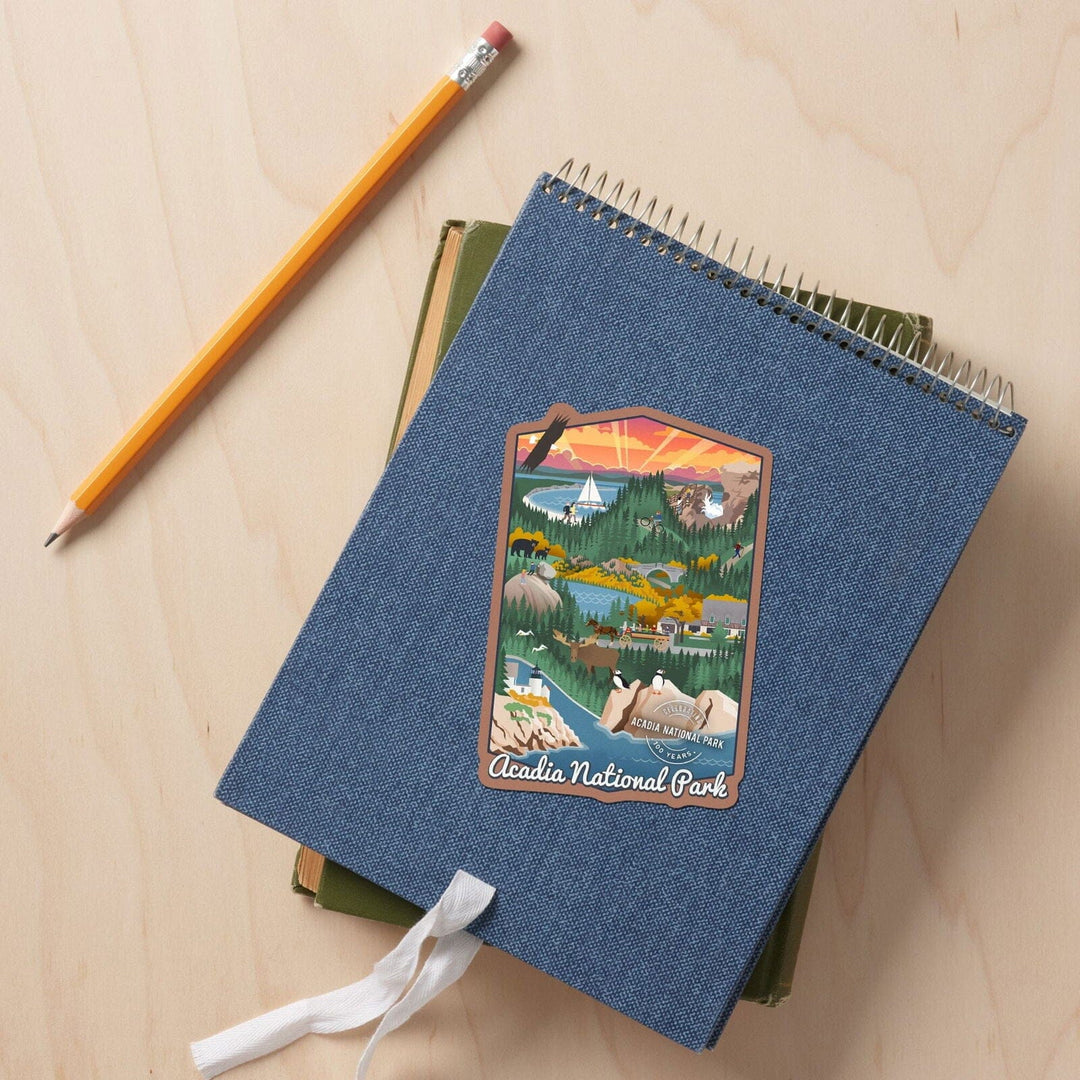 Acadia National Park, Maine, Retro View, Centennial Rubber Stamp, Contour, Lantern Press Artwork, Vinyl Sticker Sticker Lantern Press
