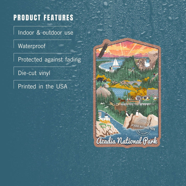 Acadia National Park, Maine, Retro View, Centennial Rubber Stamp, Contour, Lantern Press Artwork, Vinyl Sticker Sticker Lantern Press