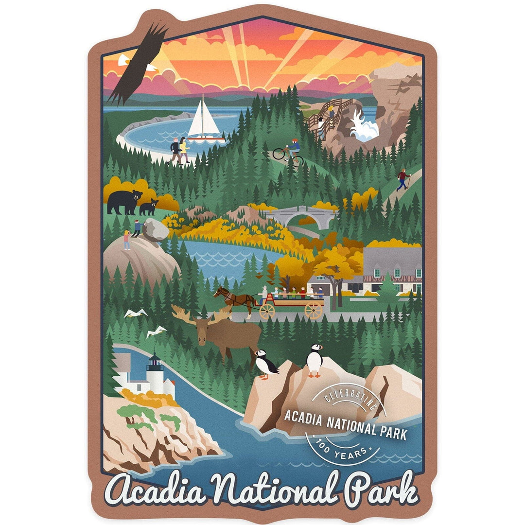 Acadia National Park, Maine, Retro View, Centennial Rubber Stamp, Contour, Lantern Press Artwork, Vinyl Sticker Sticker Lantern Press