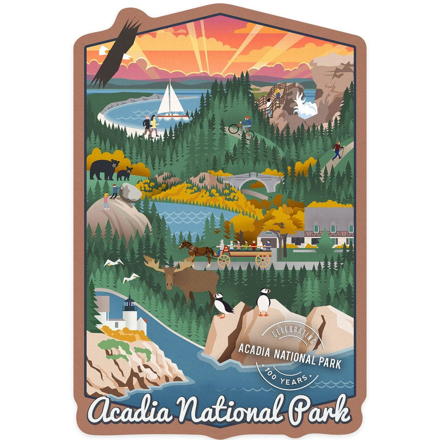 Acadia National Park, Maine, Retro View, Centennial Rubber Stamp, Contour, Lantern Press Artwork, Vinyl Sticker Sticker Lantern Press