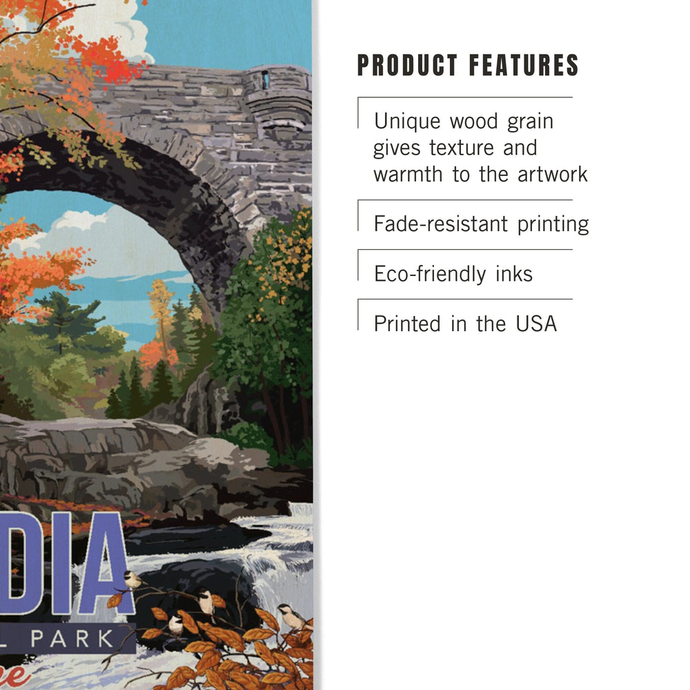Acadia National Park, Maine, Stone Bridge Illustration, Wood Signs and Postcards Wood Lantern Press