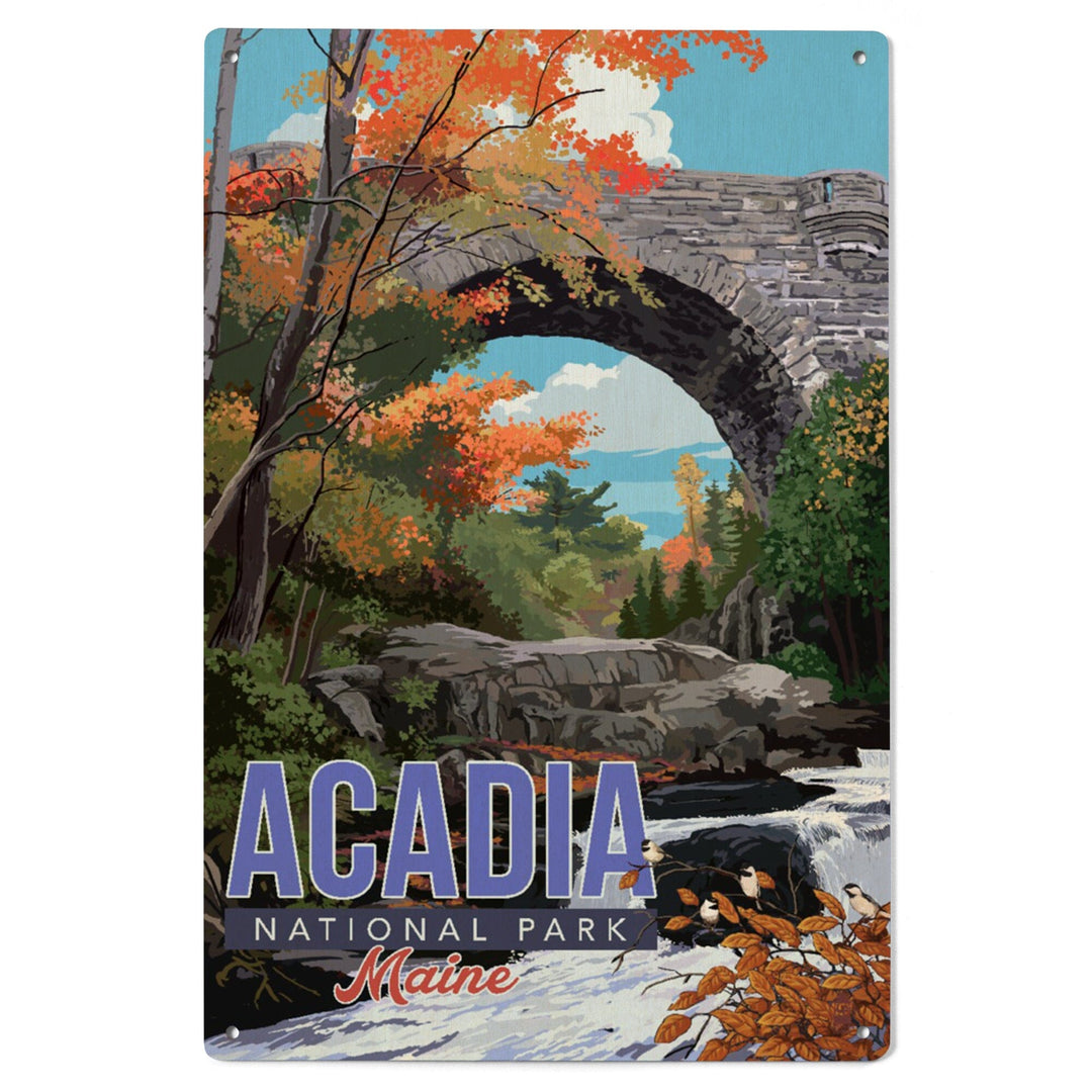 Acadia National Park, Maine, Stone Bridge Illustration, Wood Signs and Postcards Wood Lantern Press
