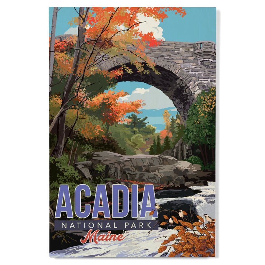 Acadia National Park, Maine, Stone Bridge Illustration, Wood Signs and Postcards Wood Lantern Press
