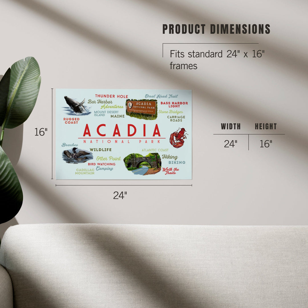 Acadia National Park, Maine, Typogrphy and Icons, Art & Giclee Prints Art Lantern Press