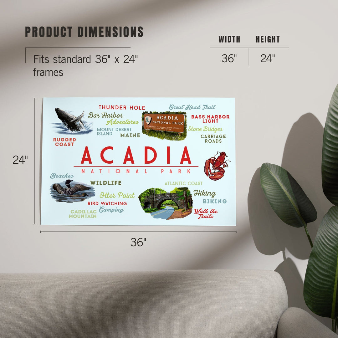 Acadia National Park, Maine, Typogrphy and Icons, Art & Giclee Prints Art Lantern Press