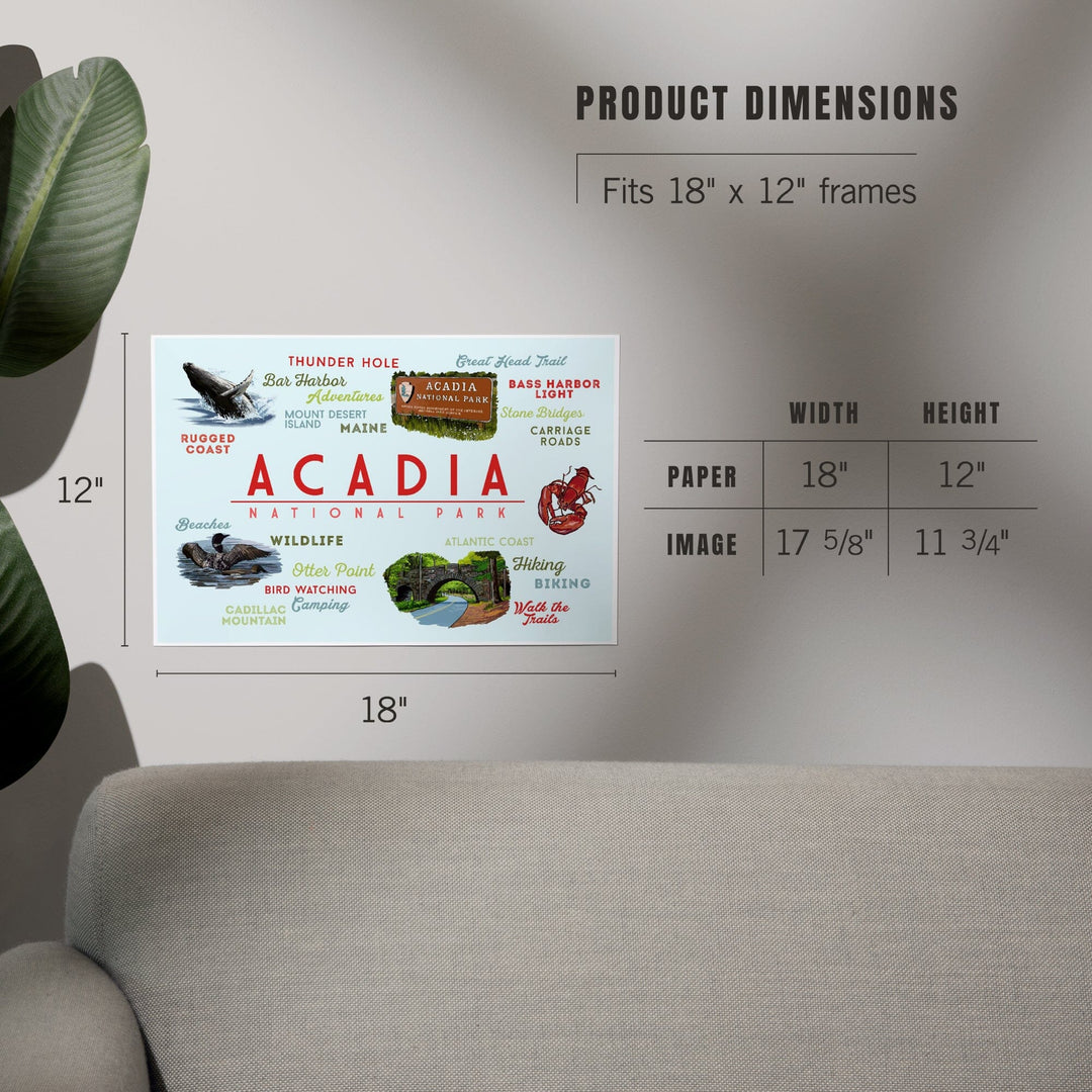 Acadia National Park, Maine, Typogrphy and Icons, Art & Giclee Prints Art Lantern Press